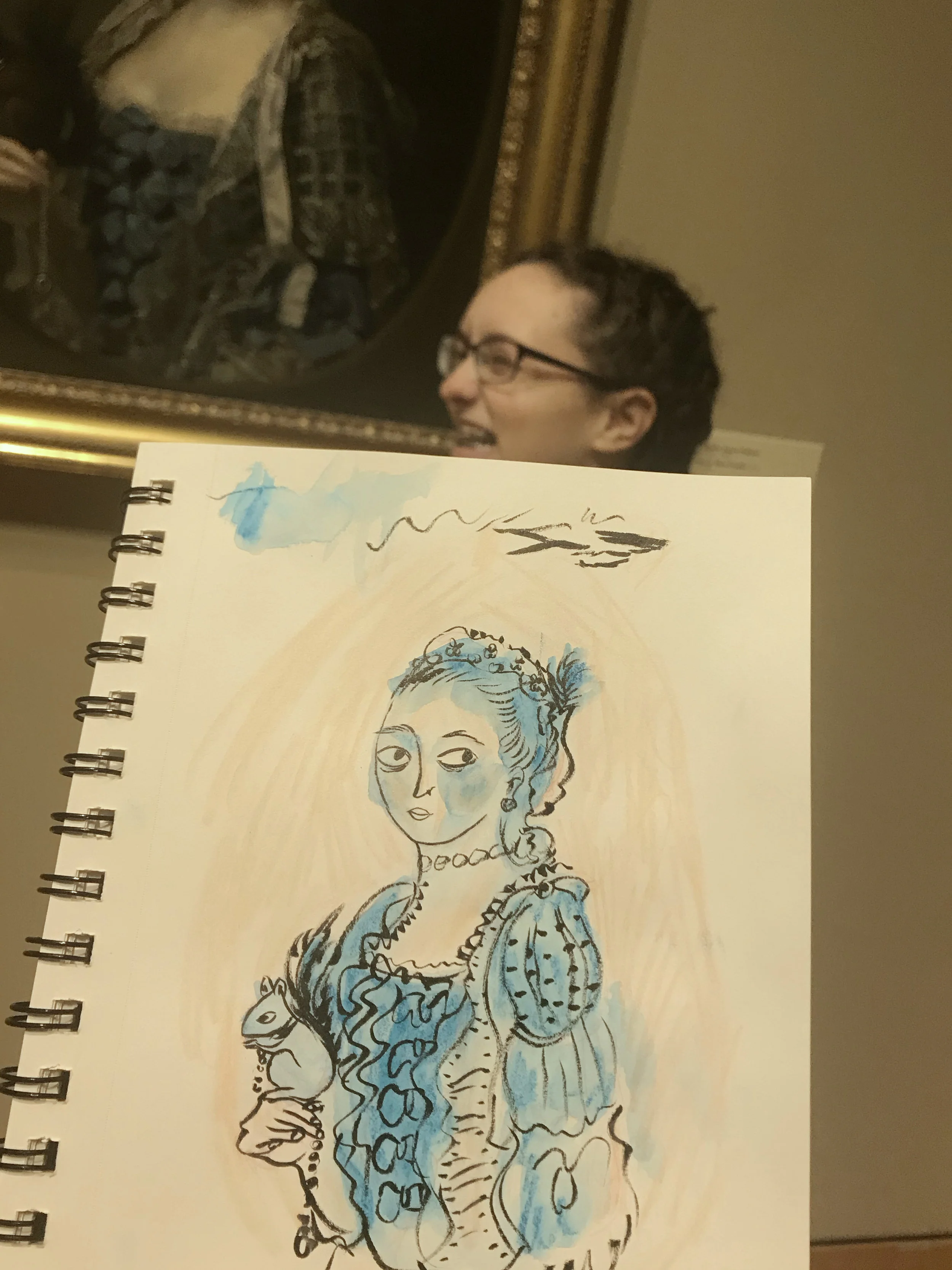 Hurrying up with this sketch so I could get back to joking with sister. Pentel Fude Brush Pen and Caran d’Ache Neocolor II crayons.