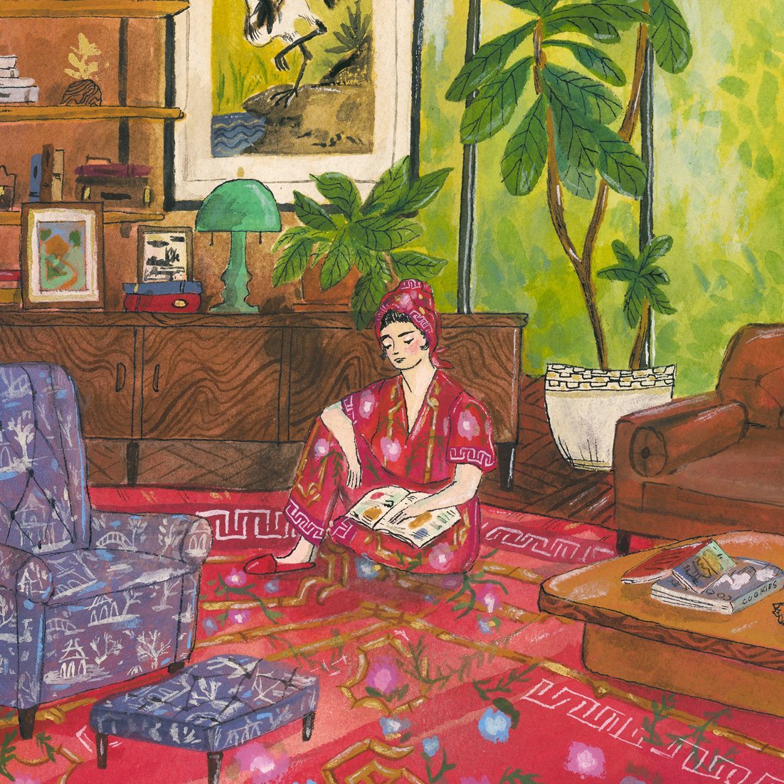 HuntingForARecipe_woman-in-turban-reading-1970s-1960s-interior_JillKittock.jpg