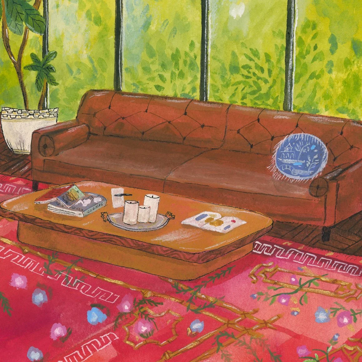 HuntingForARecipe_leather-couch-woman-in-turban-reading-1970s-1960s-interior_JillKittock.jpg