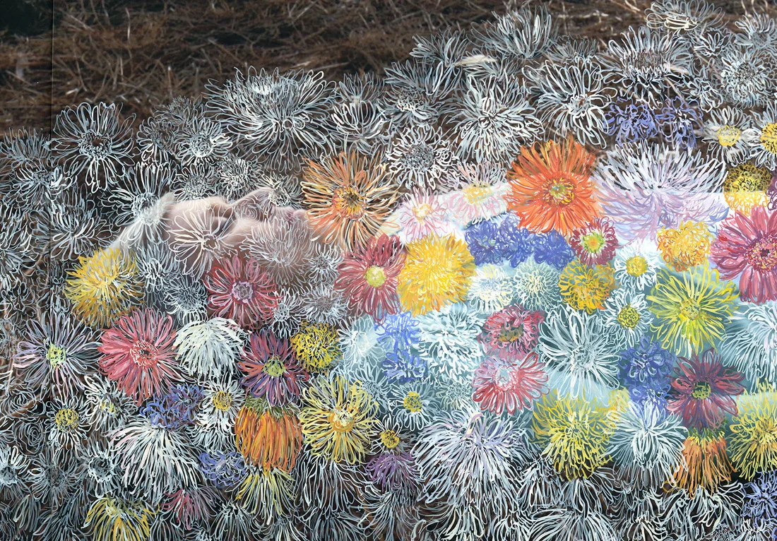 Burying my Mom (detail) Gouache on Digital Print, 80.5" x 116", 2014