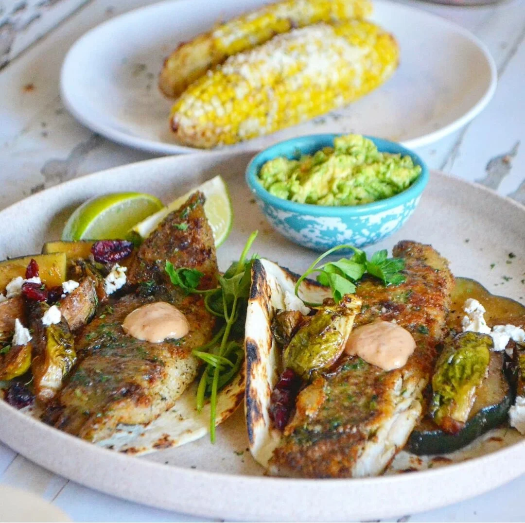 Fish Tacos with Acorn Squash and Brussels Sprouts