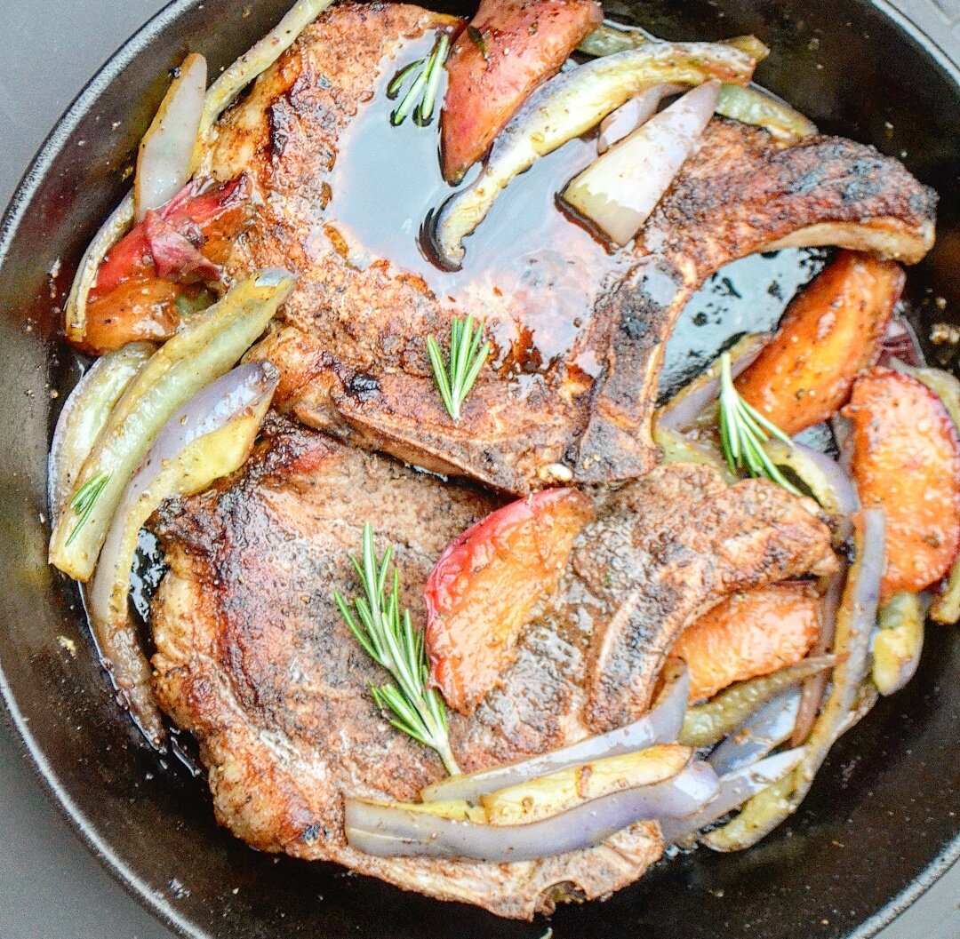 Pork Chops, Purple Peppers, and Peaches with Wine Sauce