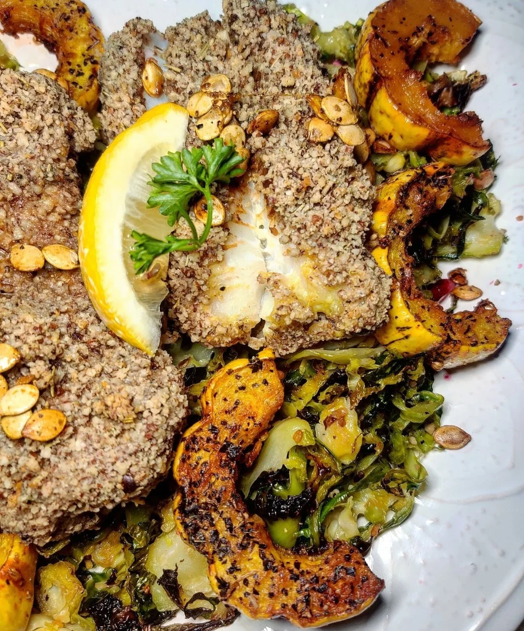 Baked Pecan-Crusted Cod with Brussels Sprouts, Squash and Champagne Vinaigrette