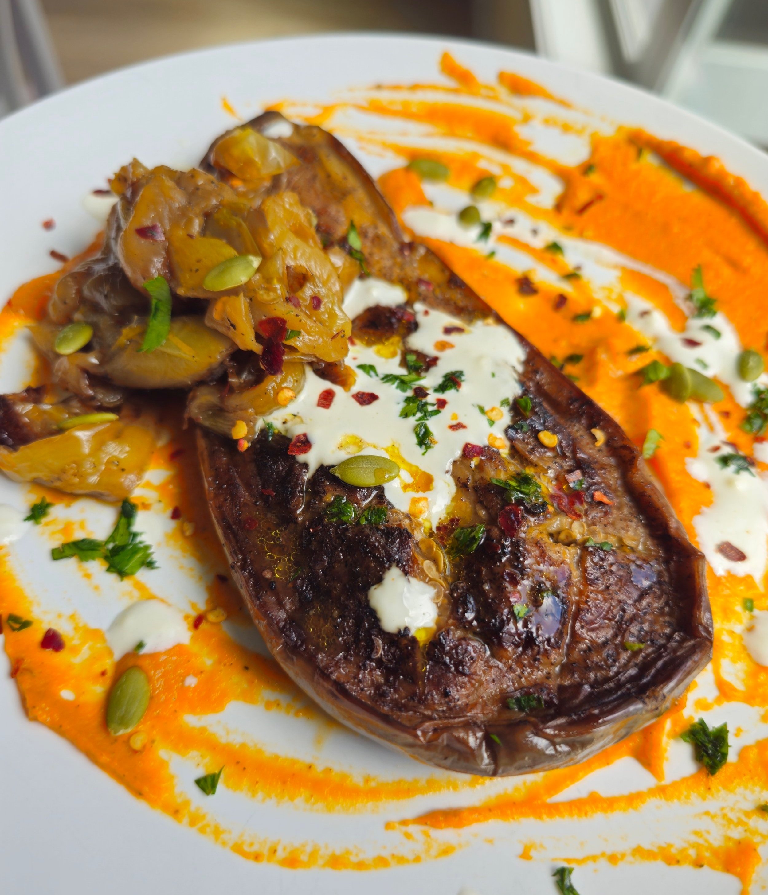 Roasted Eggplant and Blistered Peppers with Carrot and Sweet Potato Purée