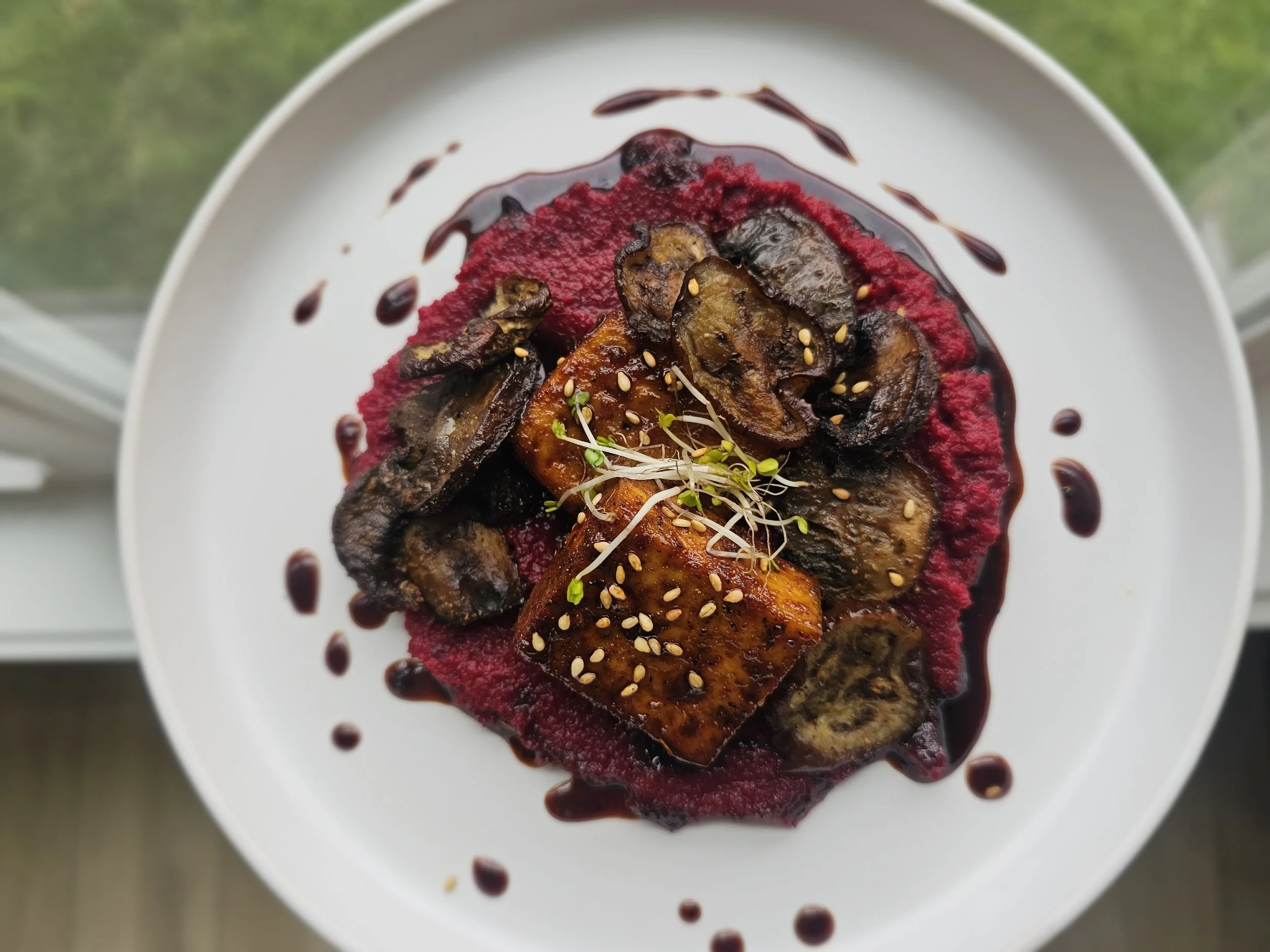 Honey-Glazed Tofu with Beet Purée, Roasted Mushrooms, and Eggplant Crisp Honey-Glazed Tofu with Beet Purée, Roasted Mushrooms, and Eggplant Crisp