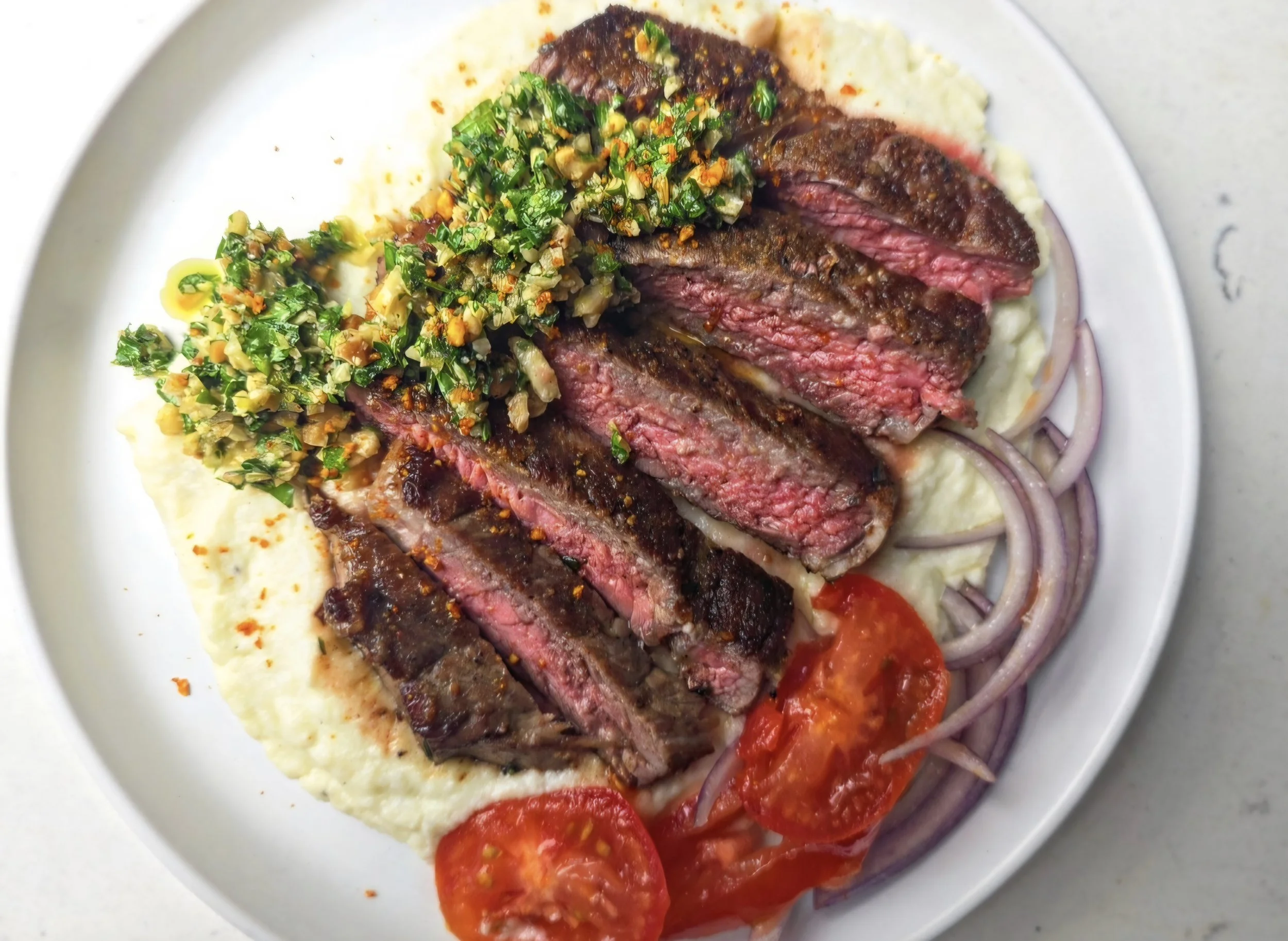 Suya Steak with Cauliflower Puree and Peanut Gremolata