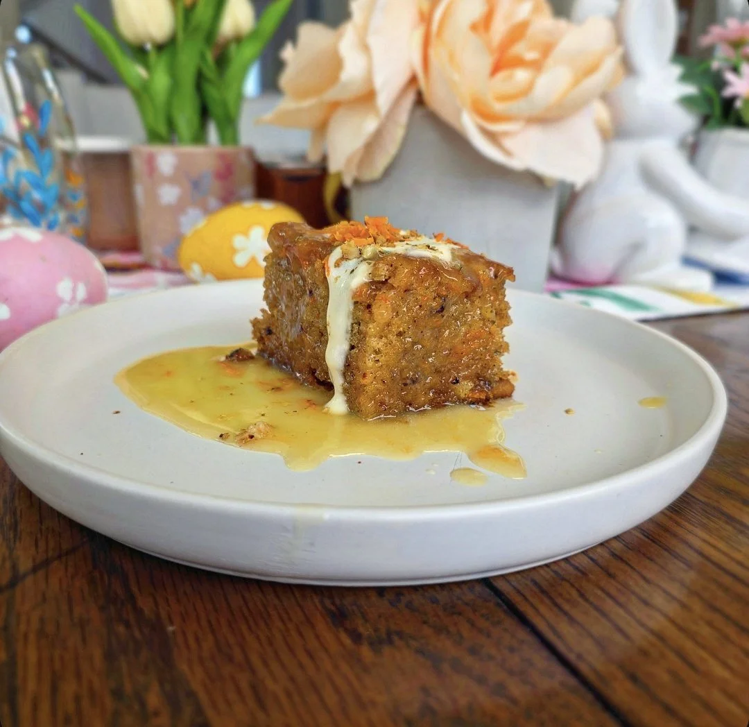 Carrot Cake Malva Pudding with Cream Cheese Sauce