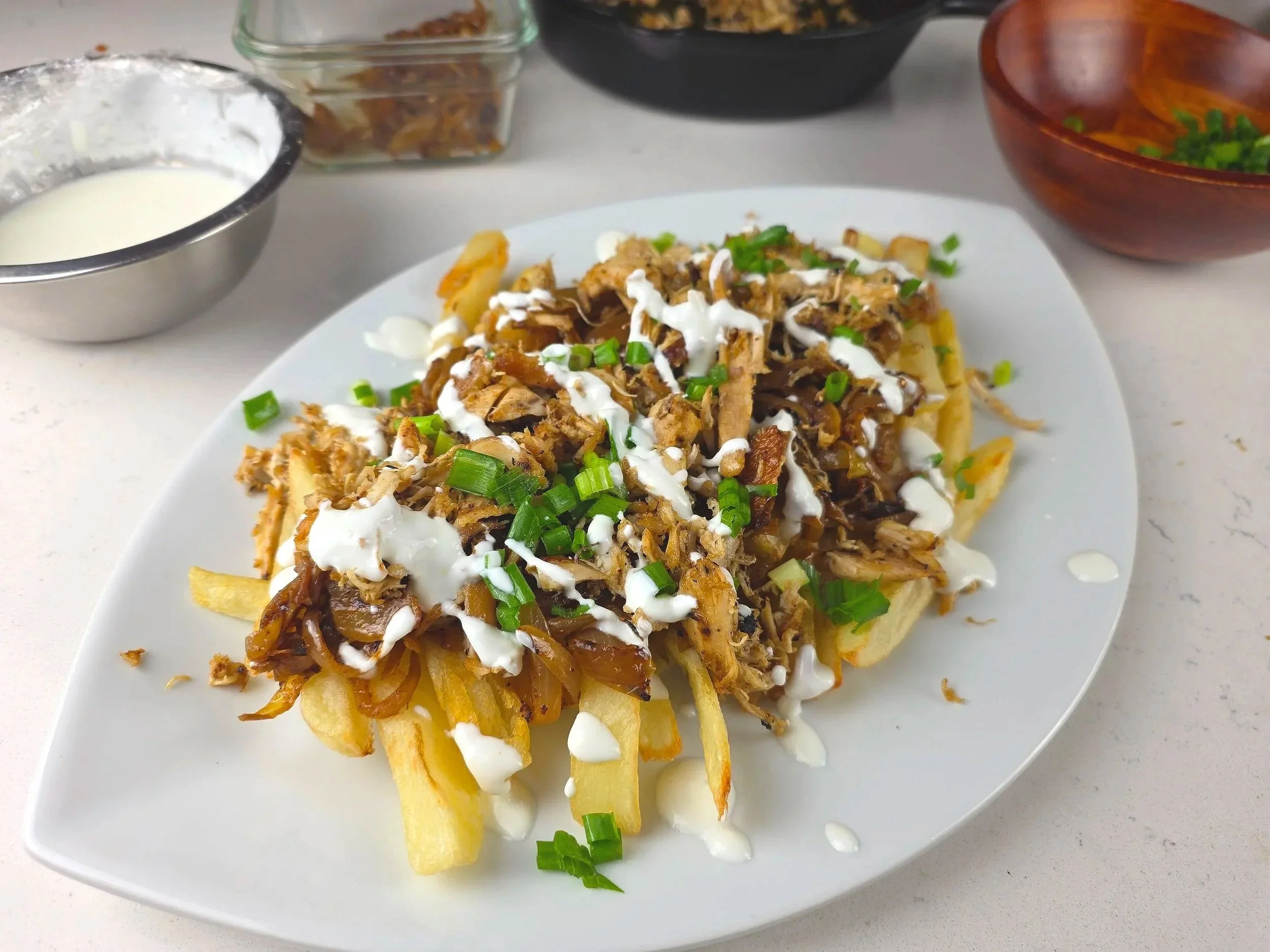 Chicken Yassa Inspired Loaded Fries