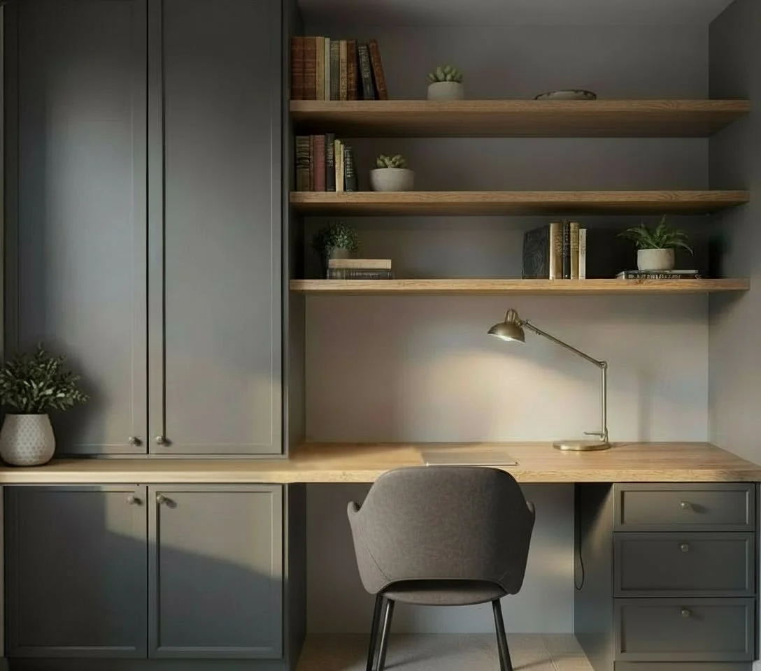 A home office that will be a pleasure to work in. With ample cabinets making it easy to keep in order!