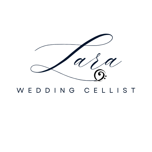 Elegant black background with the name 'Lara' in cursive script and 'Wedding Cellist' in smaller uppercase letters below.