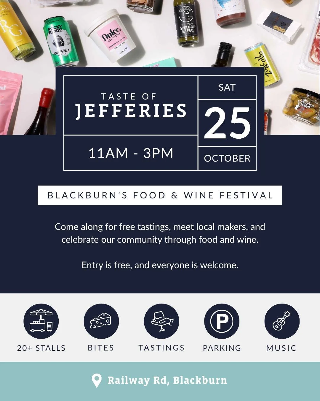✨ TASTE OF JEFFERIES ✨

Blackburn&rsquo;s food and wine festival is back! Sample exceptional food and wine from over 20 local suppliers, meet the makers, and enjoy live music throughout the day. It's the perfect opportunity to discover what's being c