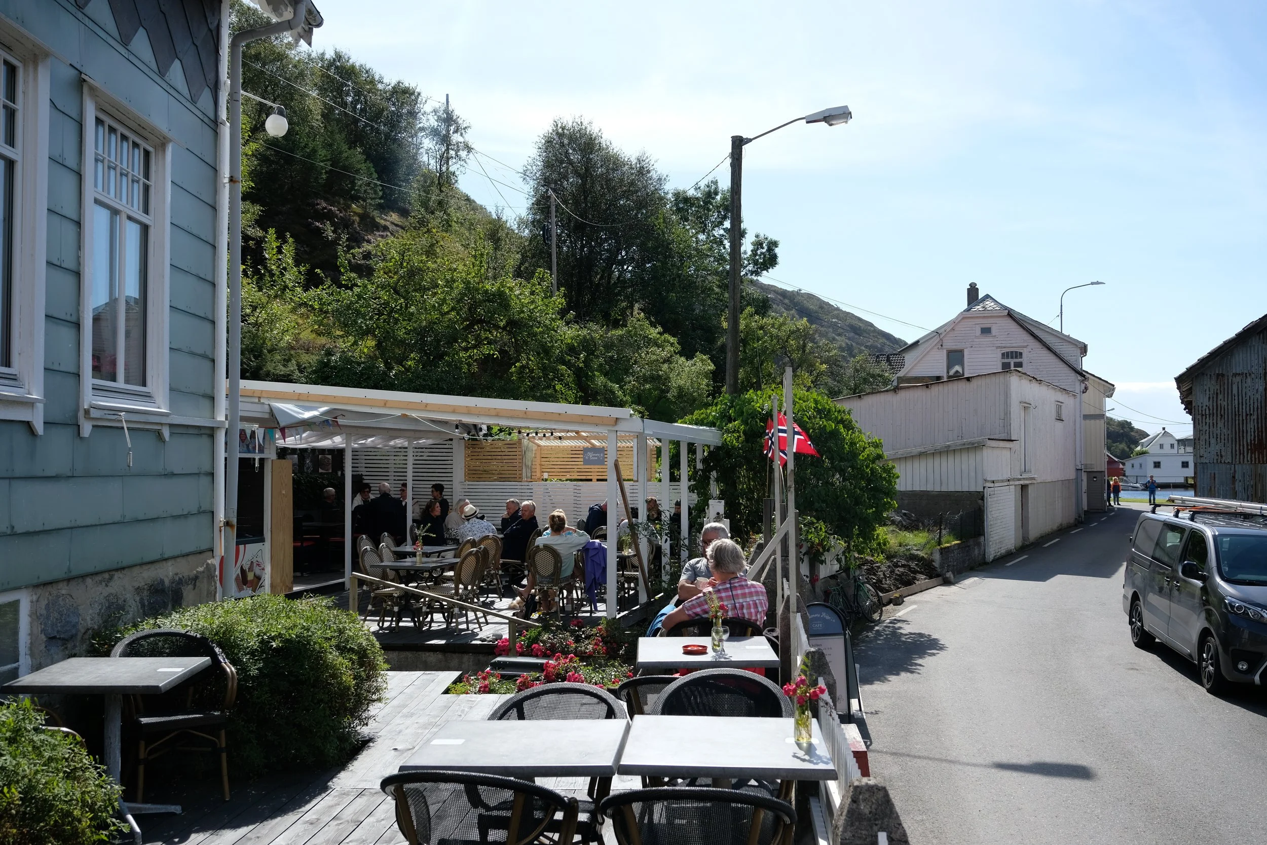 Oldemors Hage, local cafe in Åna-Sira, where you can eat fishsoup, waffels, coffee, and meet local people.