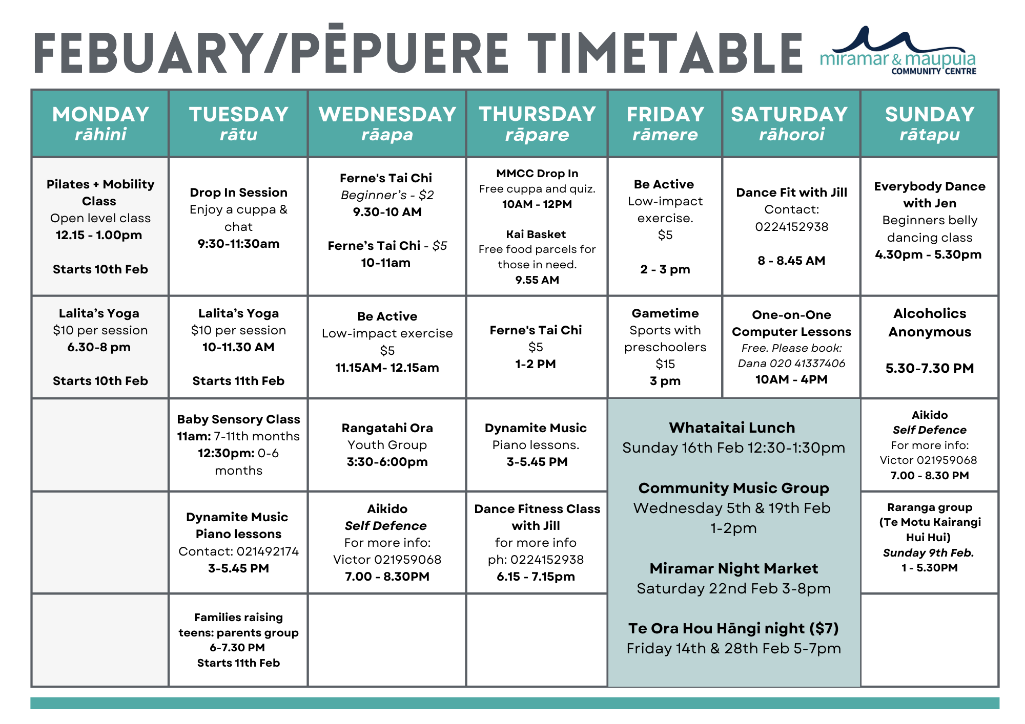 'What's On' Timetable — Miramar & Maupuia Community Centre