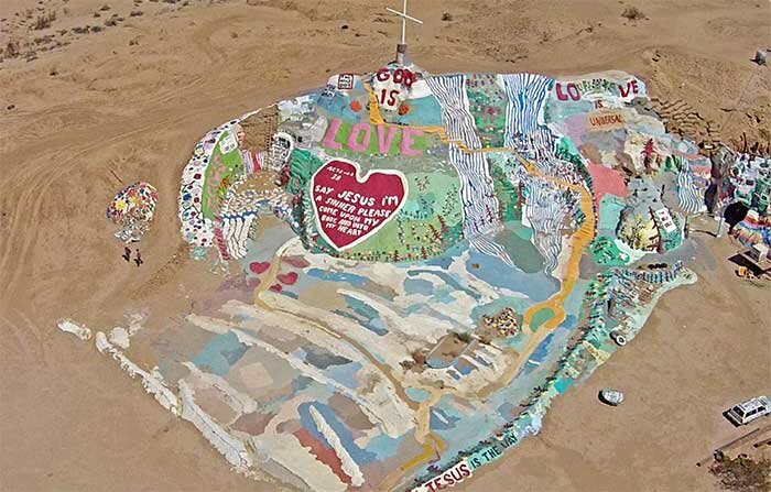 Salvation Mountain in California, seen from the air.