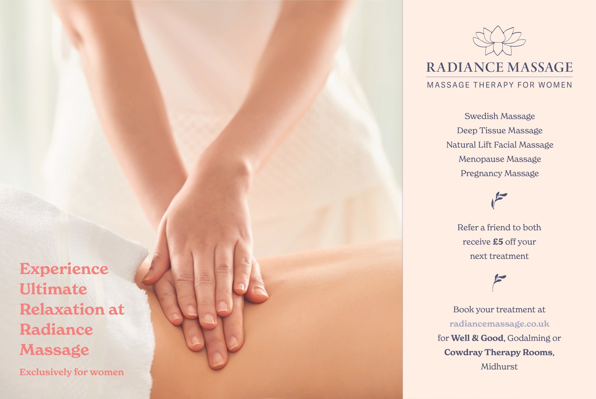 A woman receiving a massage with her arms resting on a massage table, muscle relaxation depicted. Text on the right promotes Radiance Massage therapy services for women, listing various types of massages and booking information.