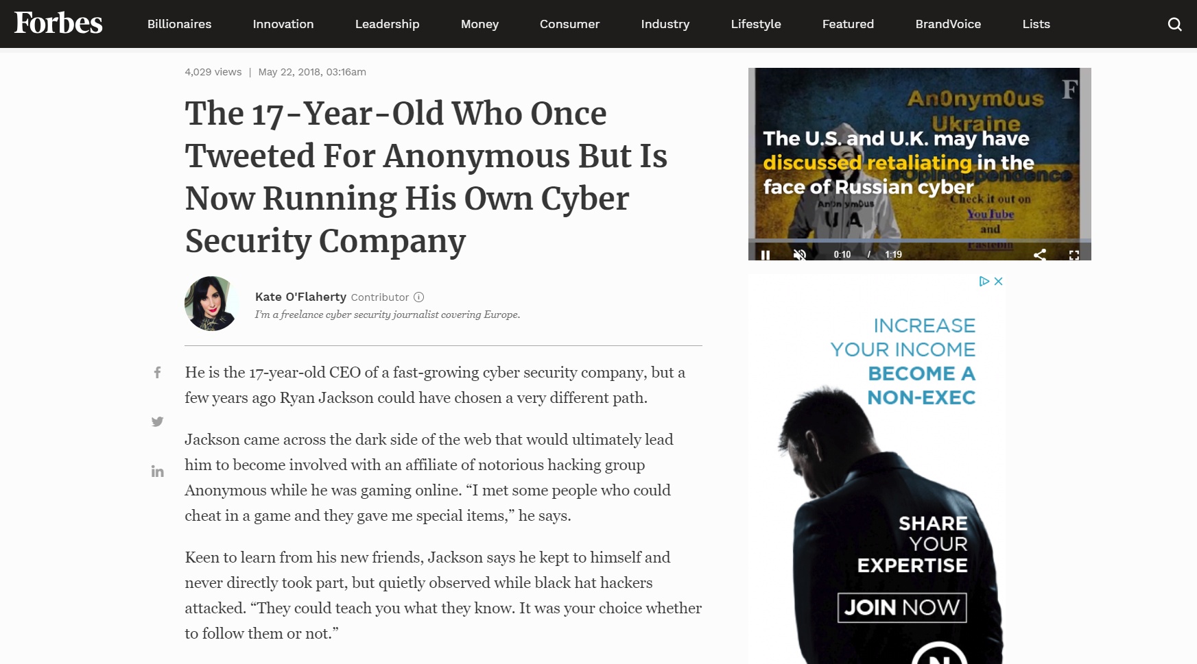Forbes - The 17-Year-Old Who Once Tweeted For Anonymous But Is Now Running His Own Cyber Security Company