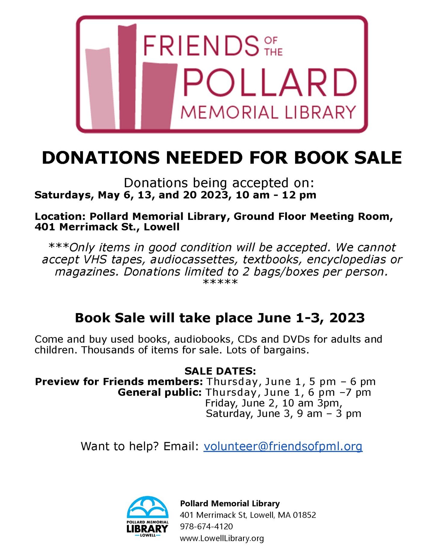 CALAA is now a Friend of the Pollard Memorial Library!

Have some books lying around?
Consider making a donation for the Friends of the Pollard Memorial Library for a book sale from June 1-3!