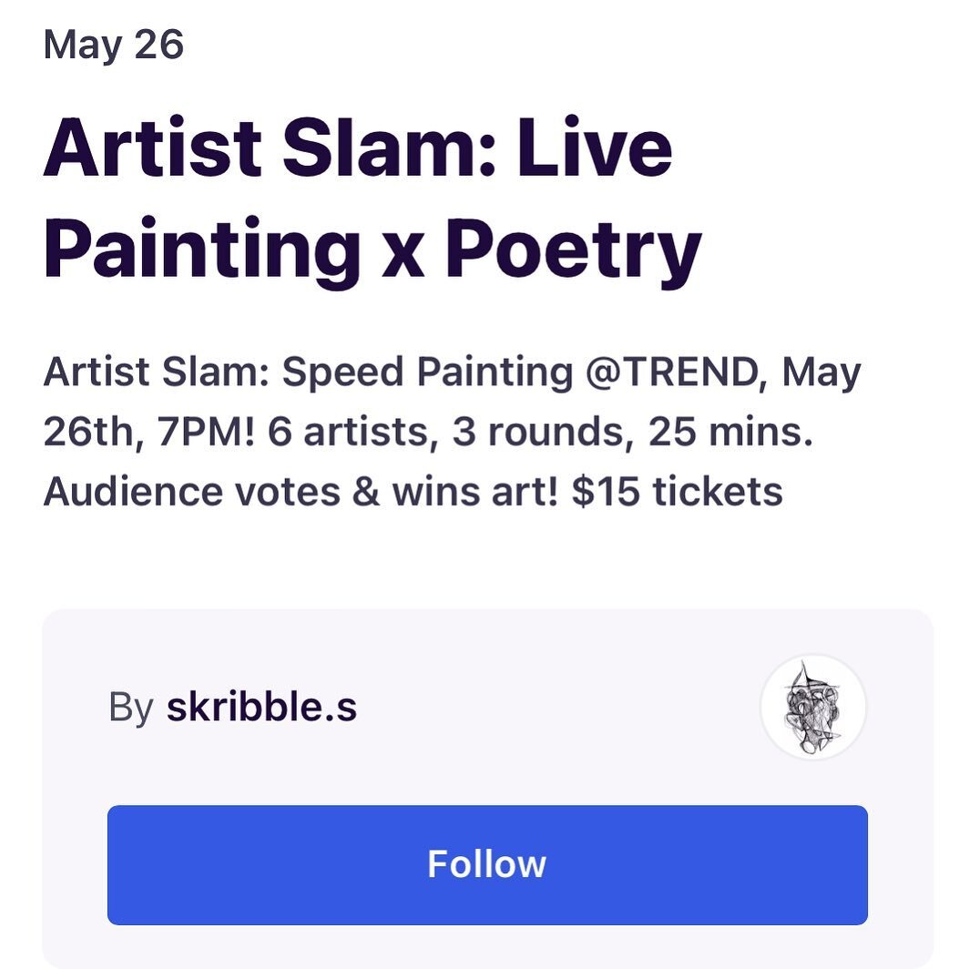 Ticket Giveaway to make the arts accessible to our community members!

Artist Slam: Live Painting x Poetry
By @skribble.s 

May 26, 2023 at 7:00pm

Location: 
Trend
19 Merrimack Street
Lowell, MA 01852

Six talented artists will go head-to-head in a 