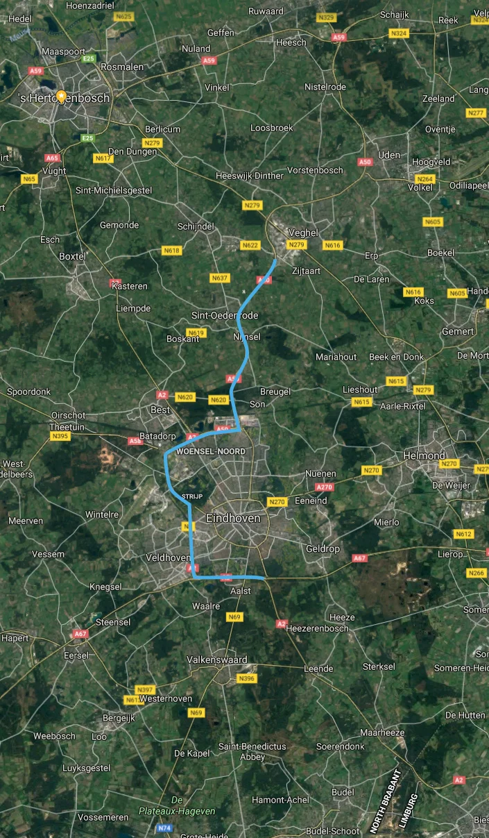 Van Veghel tot aan knooppunt Leenderheide.