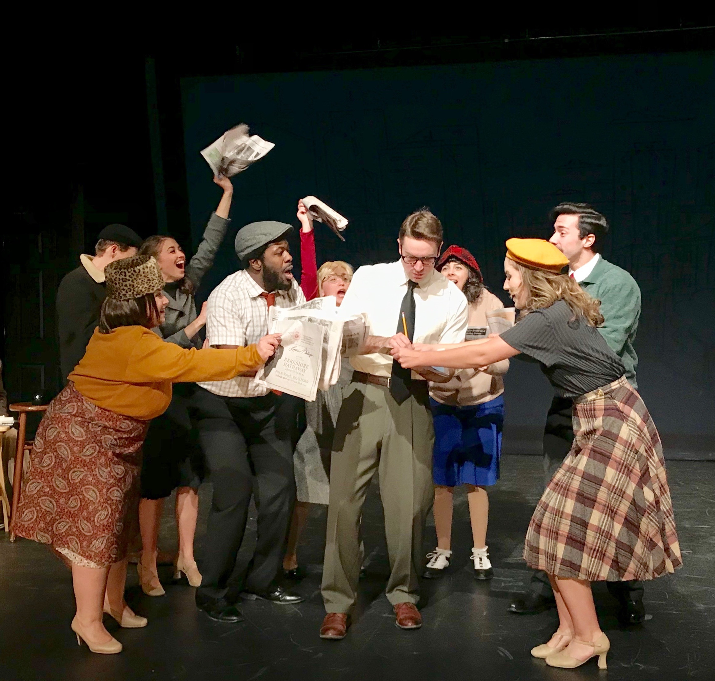 (L to R) Kyle McClellan, Michelle Caniglia, Beth DeMichele, Cordara Newson, Jillian Mauro, Alex Temple Ward, April Lavalle, Monet Sabel, and Matthew Tiberi in “Sparky.”