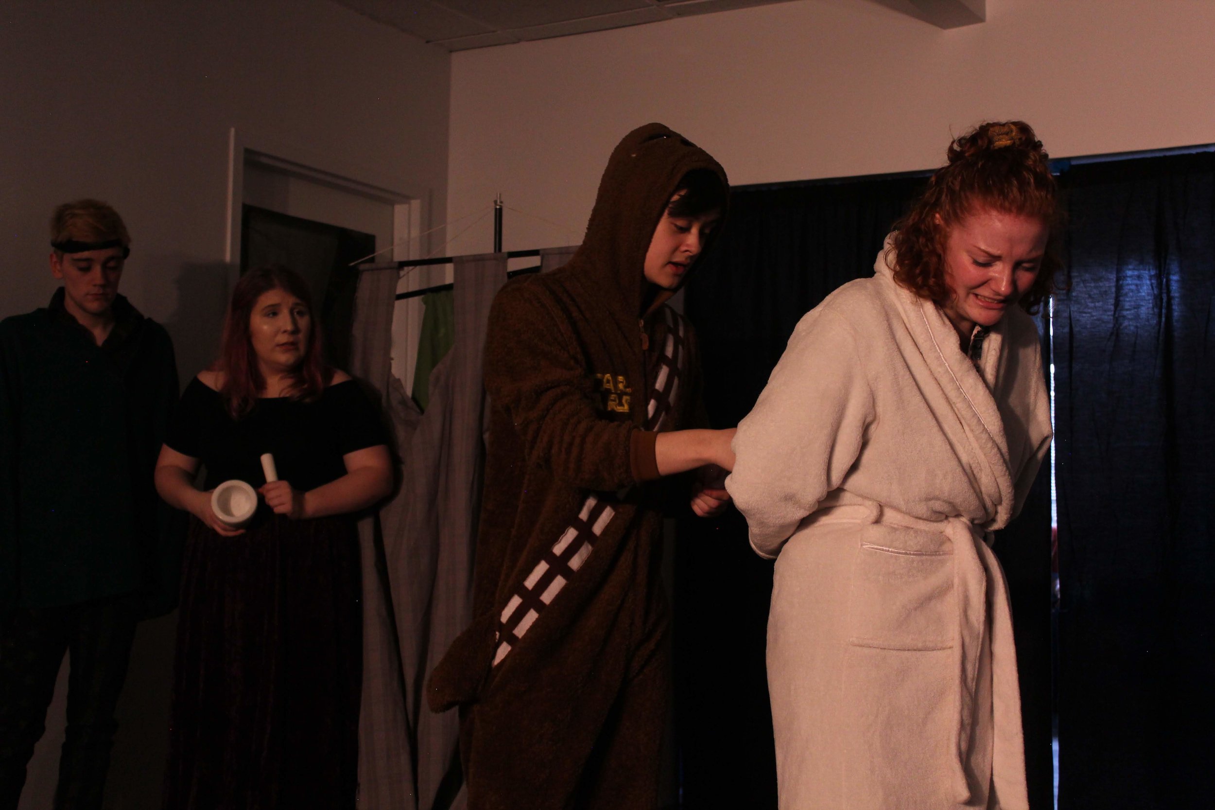 (L to R) Jack Harding, Sarah Smagala, Alex Grimm, and Leah Sandow in “Knight of the Burning Pestle”