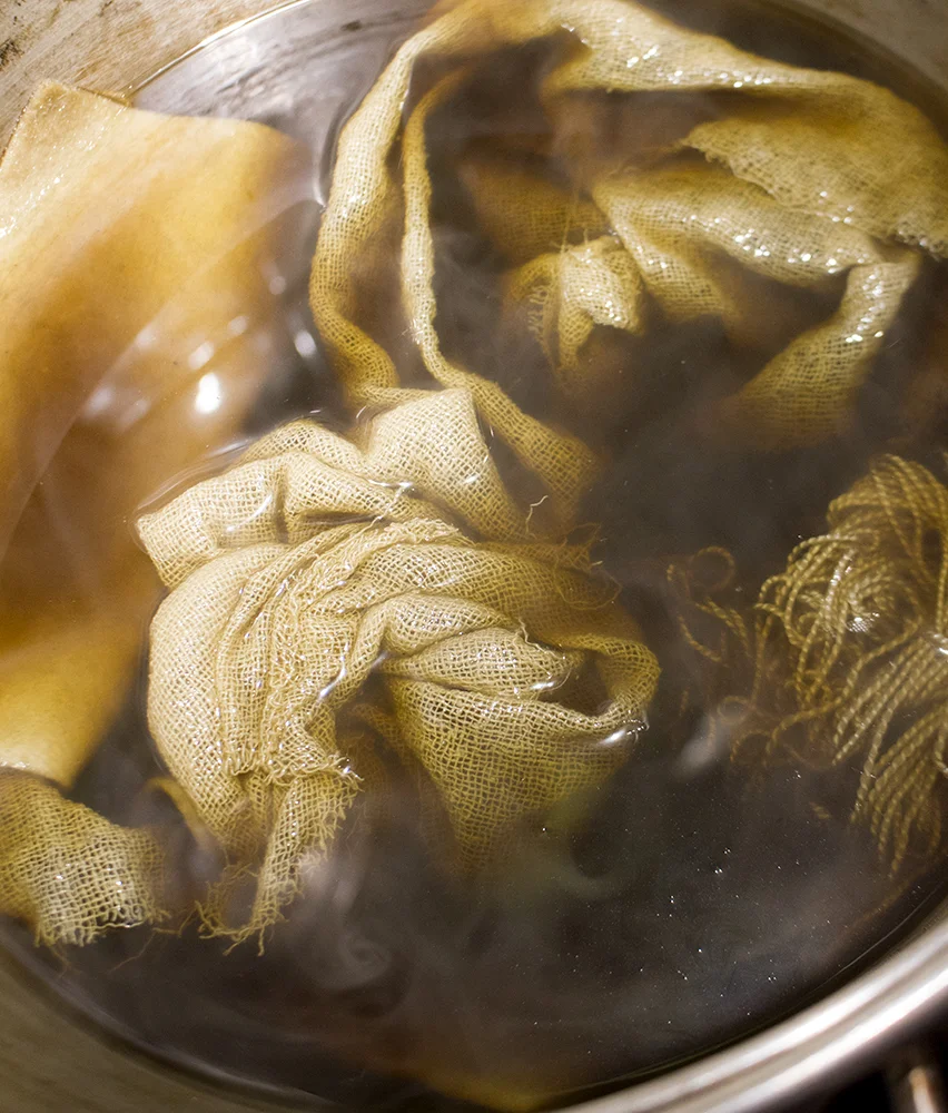 Experimenting with goose grass as a dye source on silk scrim, wool felt and silk threads
