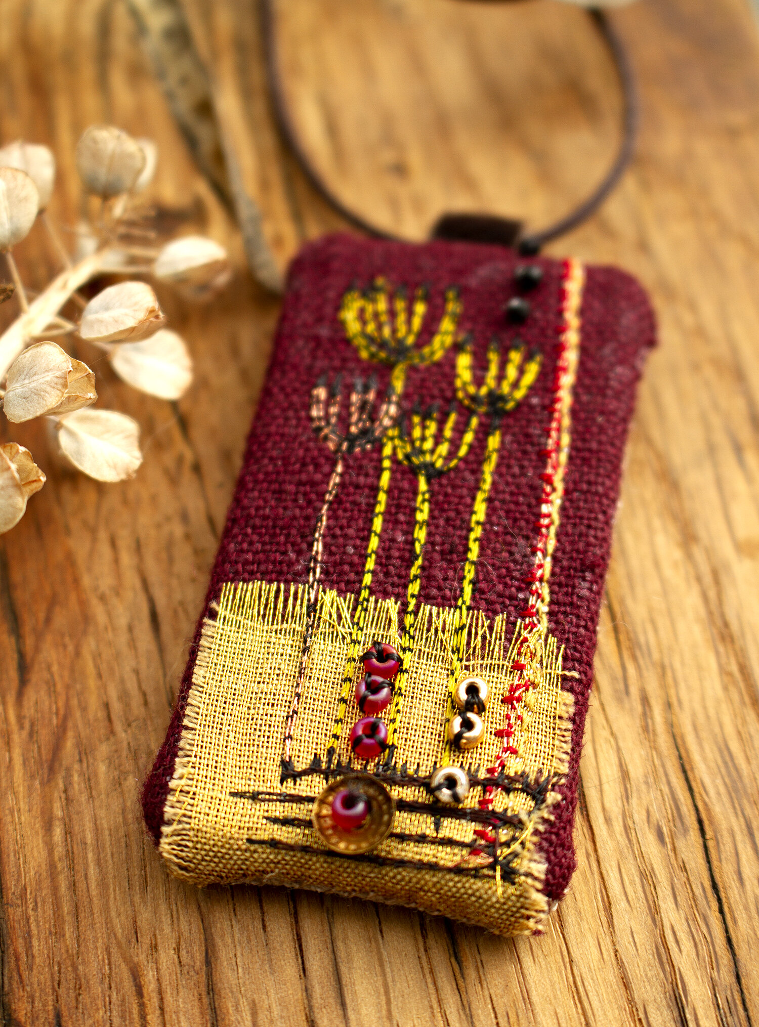 Botanicals Necklace on Red linen (available to purchase)