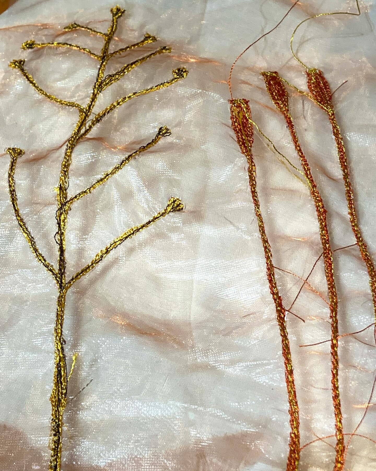 I&rsquo;ve been preparing a few more free motion embroidery samples today. Today I&rsquo;ve used a lovely copper organza as my background for some seed heads. It&rsquo;s a lot easier to stitch on sheers using a soluble stabiliser. Using a hoop to kee