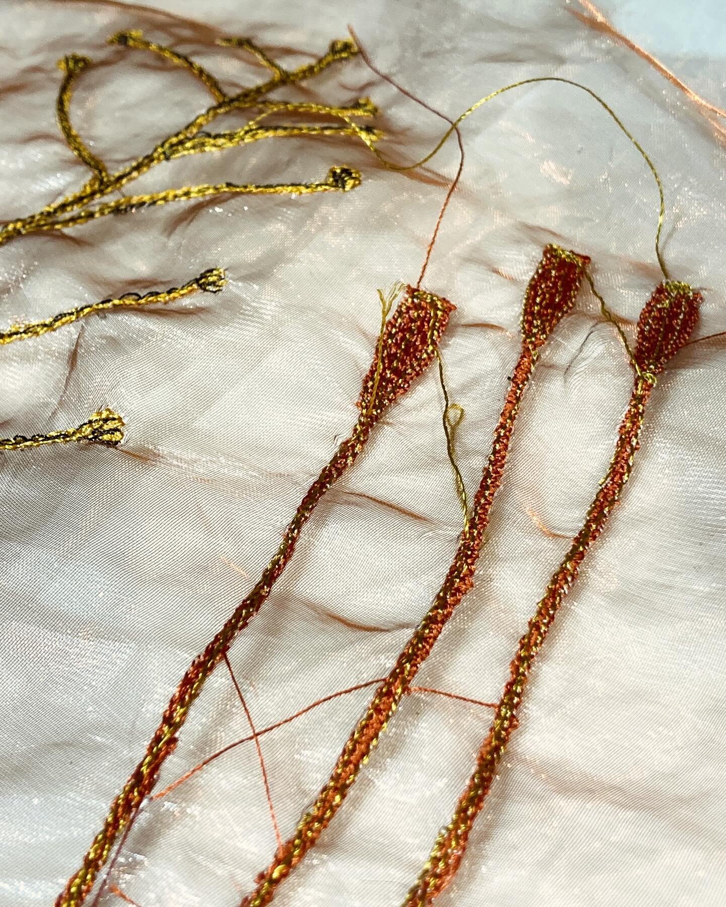 I&rsquo;ve been preparing a few more free motion embroidery samples today. Today I&rsquo;ve used a lovely copper organza as my background for some seed heads. It&rsquo;s a lot easier to stitch on sheers using a soluble stabiliser. The sewing machine 