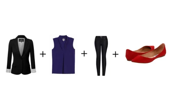 black blazer + sleeveless shell + dark denim + red shoes