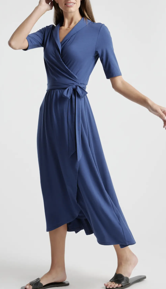 Woman in a casual wrap dress, flattering daytime look