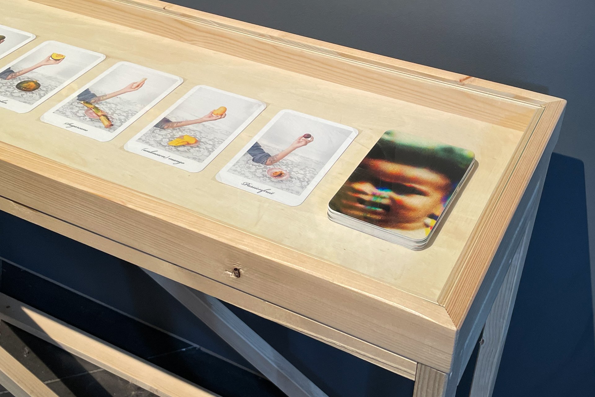   Flashcards, 2018-ongoing    20 4x6 inch cards, accompanied by  a recording of my mother teaching me names of the fruits and vegetables shown, while I repeat her words.    Shown in installation at Le Recontres d’Arles 2023  