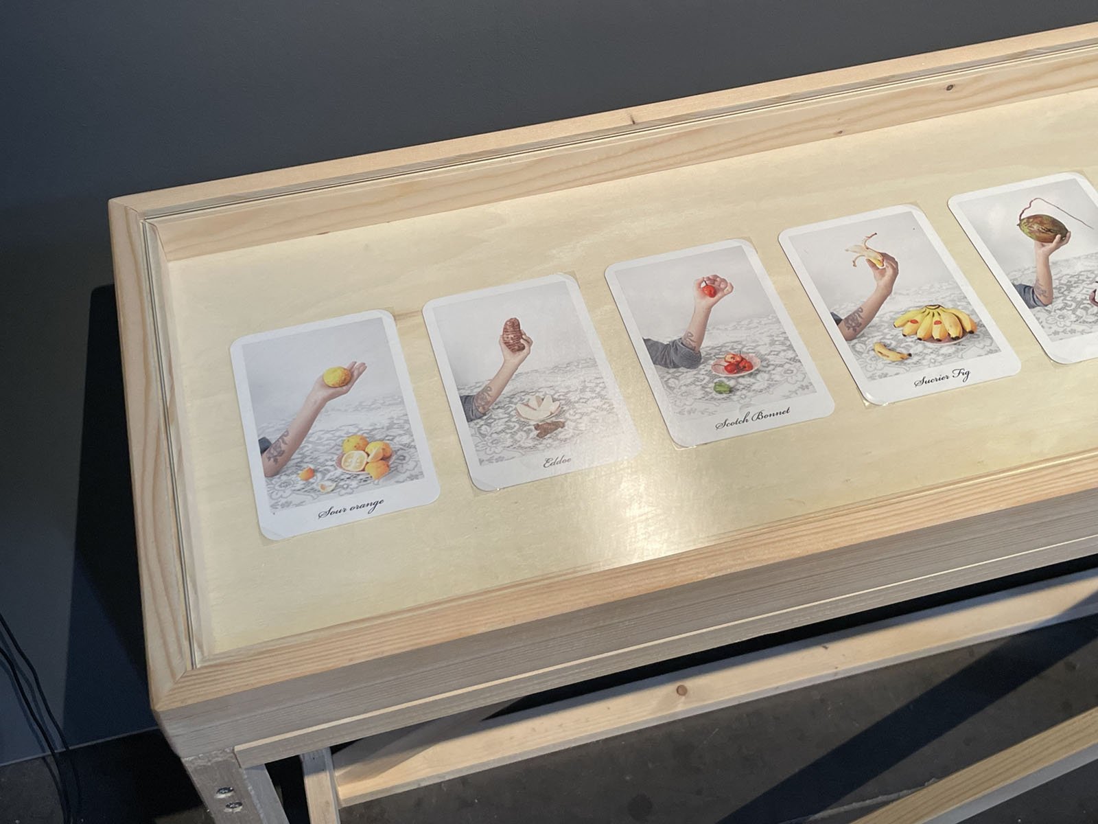   Flashcards, 2018-ongoing    20 4x6 inch cards, accompanied by  a recording of my mother teaching me names of the fruits and vegetables shown, while I repeat her words.    Shown in installation at Le Recontres d’Arles 2023  