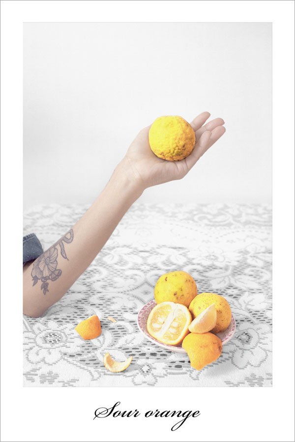   Sour Orange    Flashcards, 2018-ongoing    One of 20 4x6 inch cards, accompanied by  a recording of my mother teaching me names of the fruits and vegetables shown, while I repeat her words  