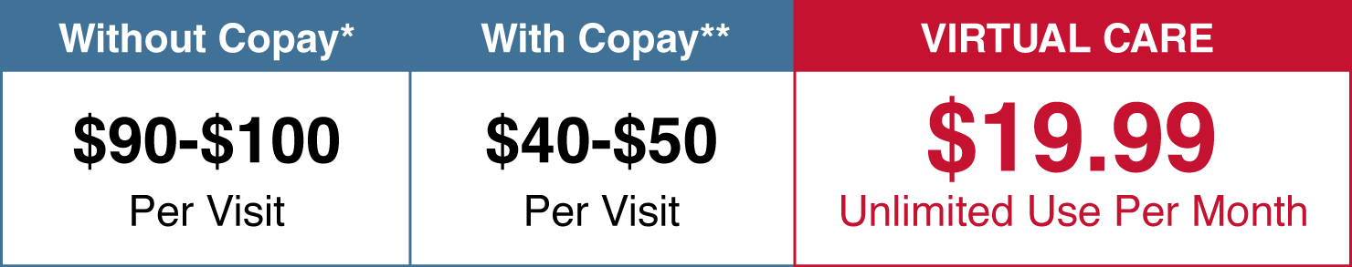 * Source: Healthcare Bluebook, based off of Fair Priced average costs per region for Office Visit Established Patient, 10 min. ** Source: Healthcare exchange bronze and silver plans that include copays for Office Visits in the healthcare insurance plan.