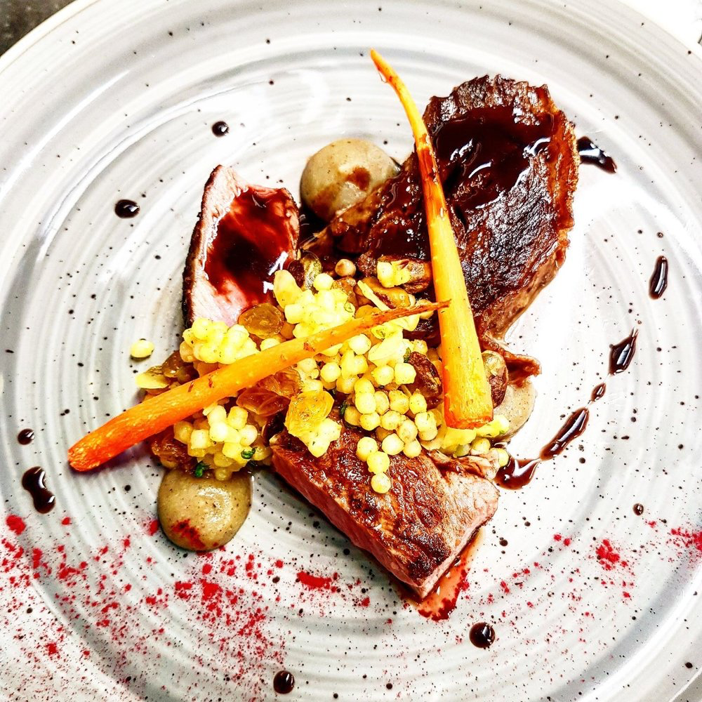 Braised Shoulder of Leith Hill Lamb, Spiced giant cous-cous and Smoked Aubergine