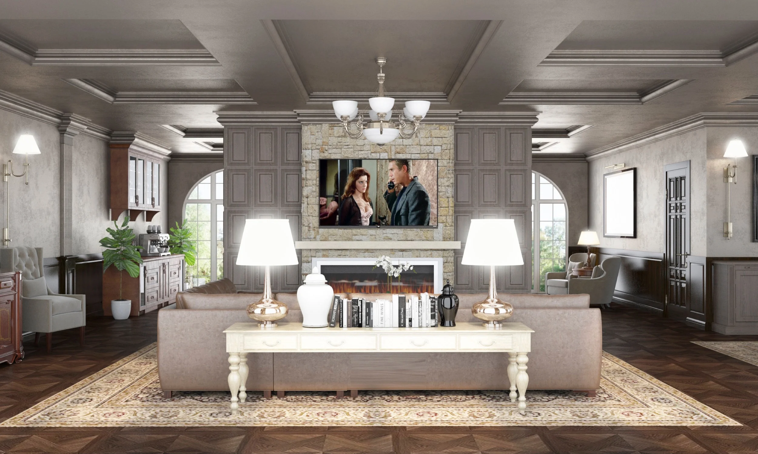 PROJECT SCOPE OF WORK: A Classic Great Room featuring architecturally based security solutions for a high end security company. lanakingsecurity.com