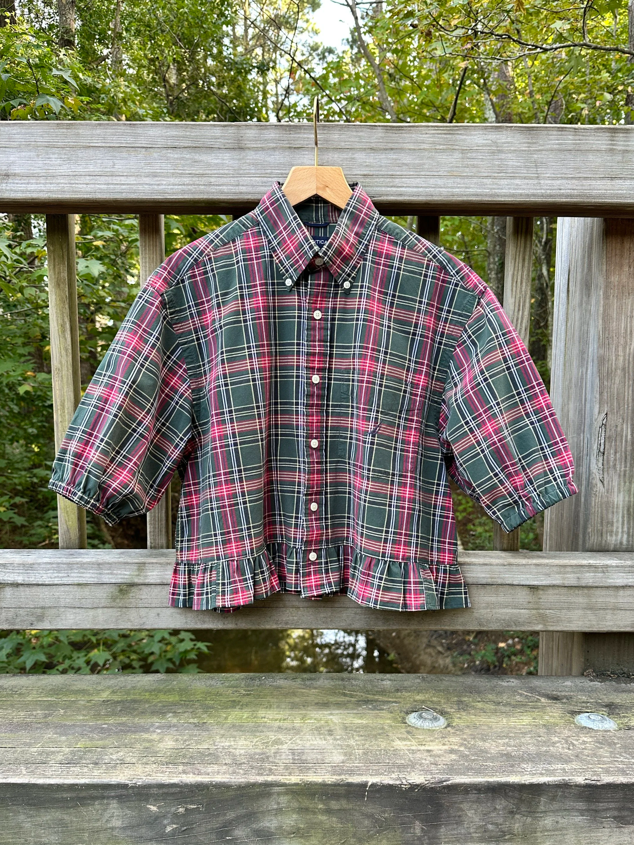 Upcycled Green & Red Plaid Boxy Button-down