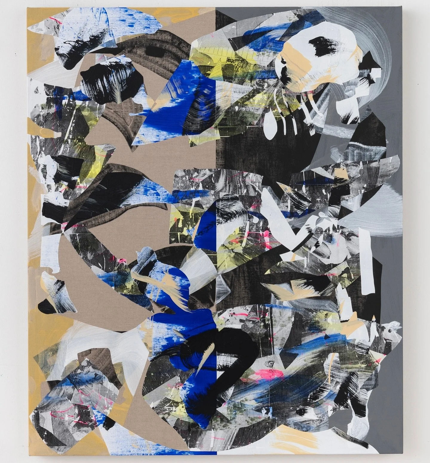 Coupled 2023 acrylic and transfer on lined 48 x 40 inches