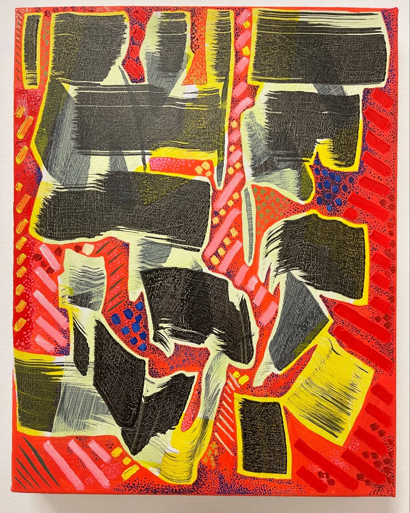 Abstract Punk Rock painting. Exploration in primary colors. 2024, acrylic, oil and ink on stretched linen, 11x14 inches.