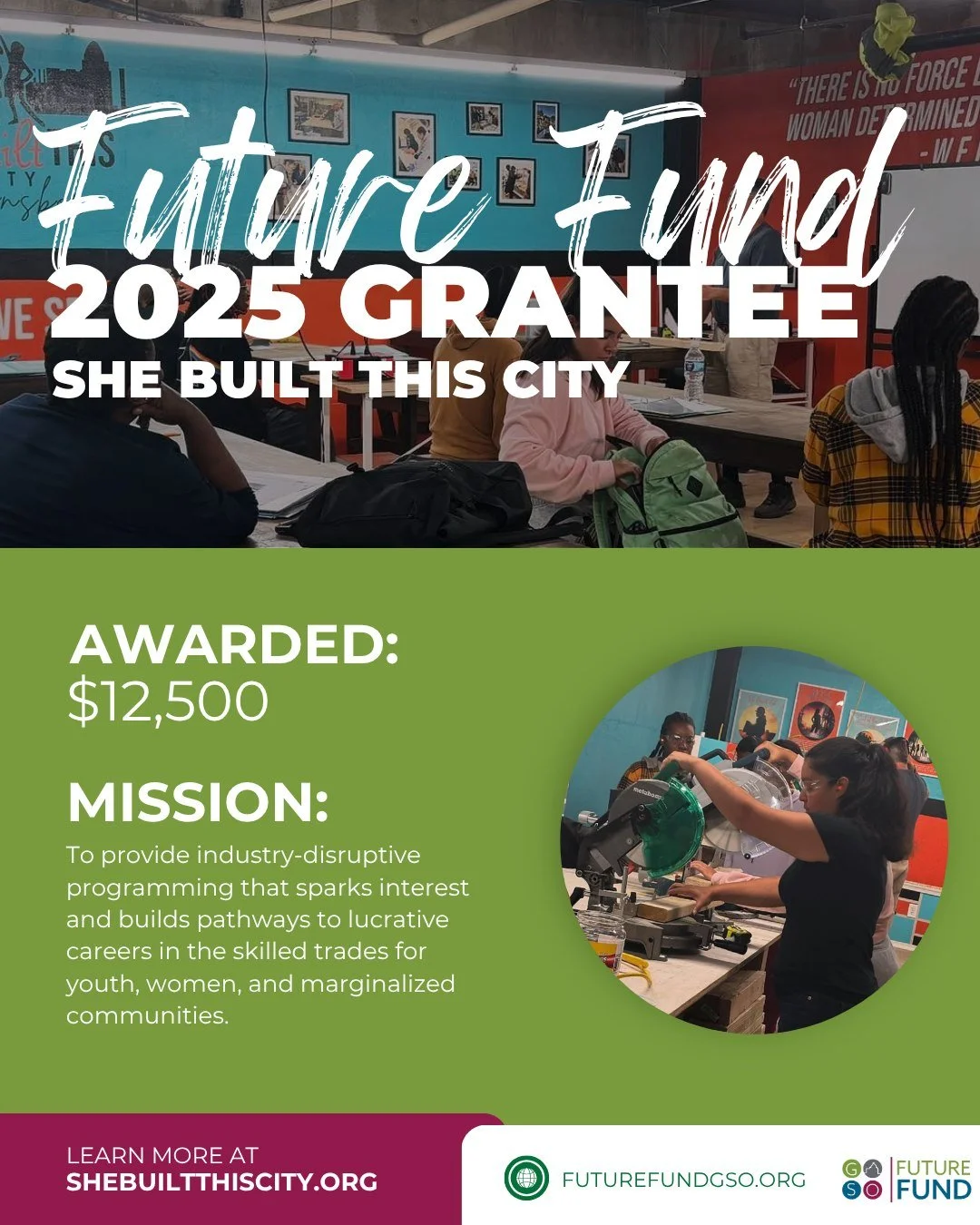 Congratulations to She Built This City, one of Future Fund's 2025 Grant Recipients!

She Built This City offers girls, women, and non-binary individuals training and access to careers in the construction and trades industries. The organization works 