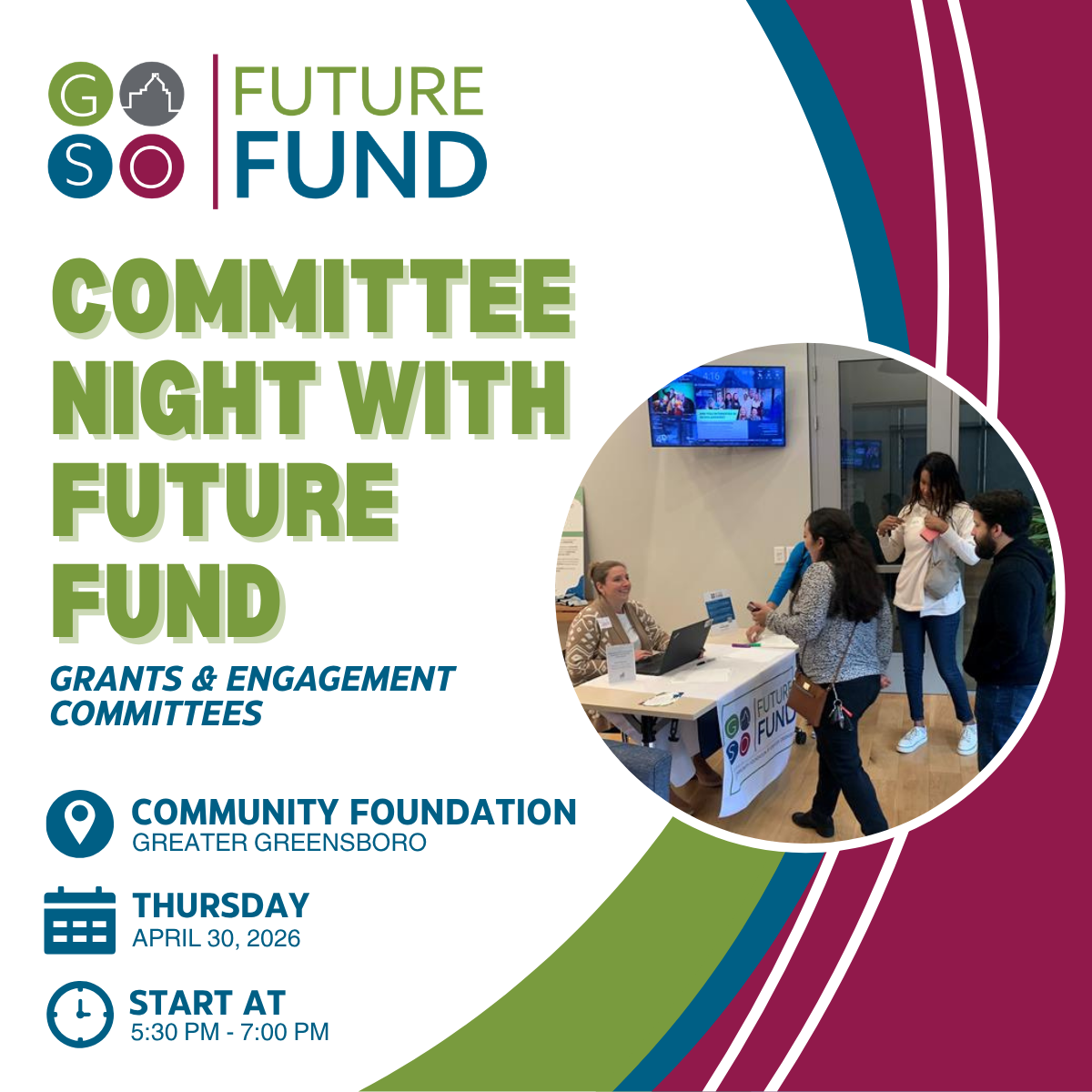 Future Fund Committee Night will be held at the Community Foundation on Thursday, April 30th at 5:30pm.