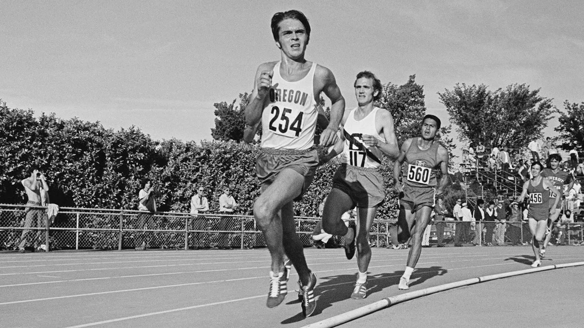 Steve Prefontaine #254 leads the field during the 3 mile race at the AAU Championships on 25th June 1971 at Hayward Field, Eugene, Oregon, United States