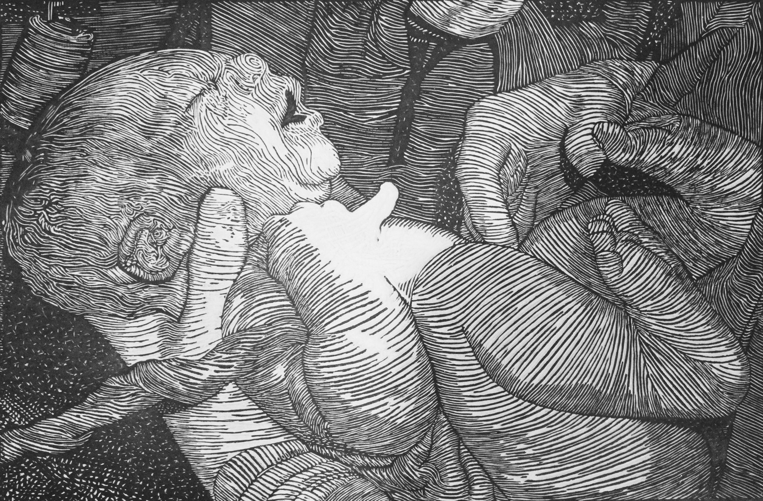    First Breath   2012 12x18” archival ink on rag linoleum cut edition of 3 *artist’s collection  Original image taken by Austin of his son on August 18, 2011 immediately after being pulled from the womb. 