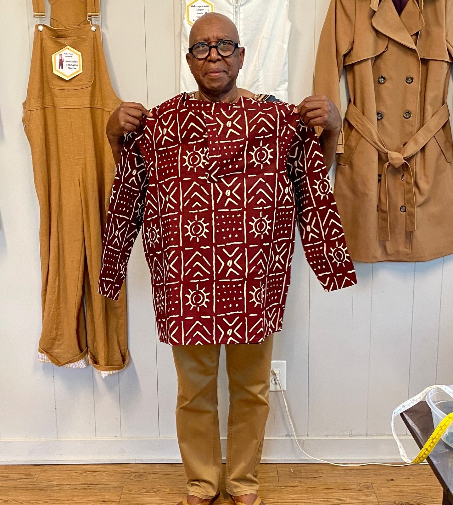 This gentleman comes into the studio weekly-ish to grow his skills to make shirts, accessories, and decor to show his unique style! Pretty impressive, right! #greatjob #proudofyou #memade #personaldesign #thisisyou #loveyourself #resistfastfashion #s
