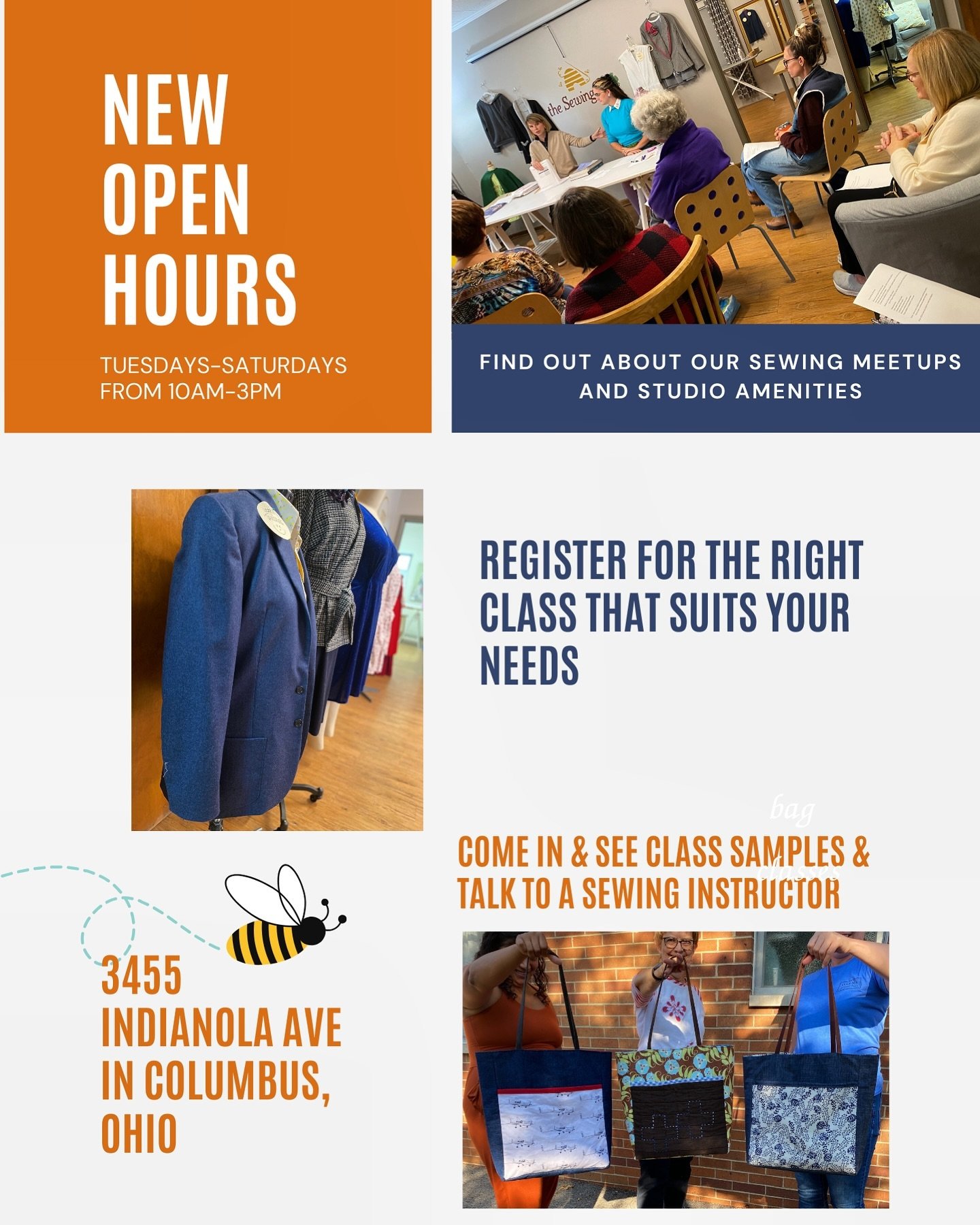Tuesdays through Saturdays from 10am-3pm! Come and see samples, talk to a teacher, book a class or show us what you made! #sewingclasses #sewingincolumbusohio #sewingisgrowing #sewingschool #sewinglessonsnearme #learnalifeskill
