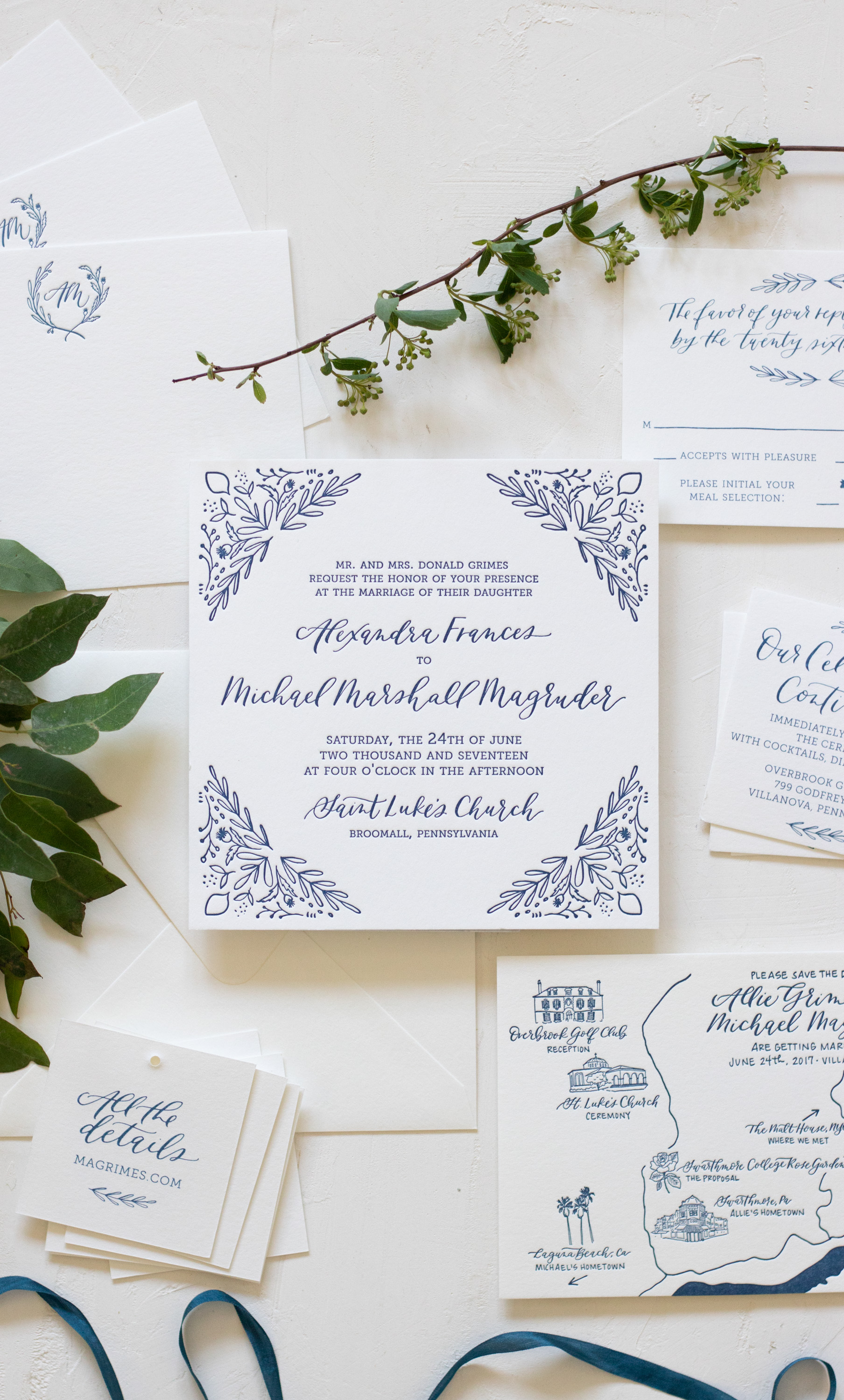 Elegant Illustrated Blue Wedding Invitation