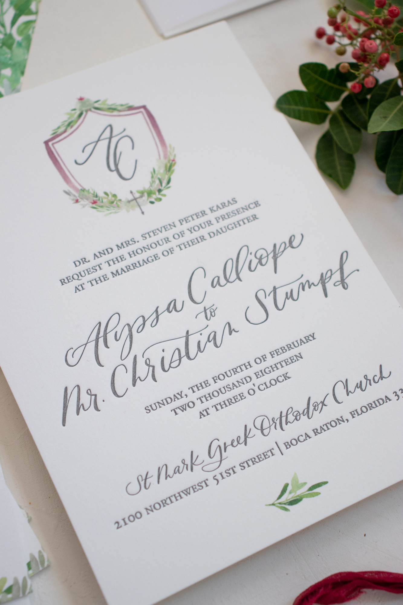 Letterpress Wedding Invitation with Calligraphy and Watercolor Crest