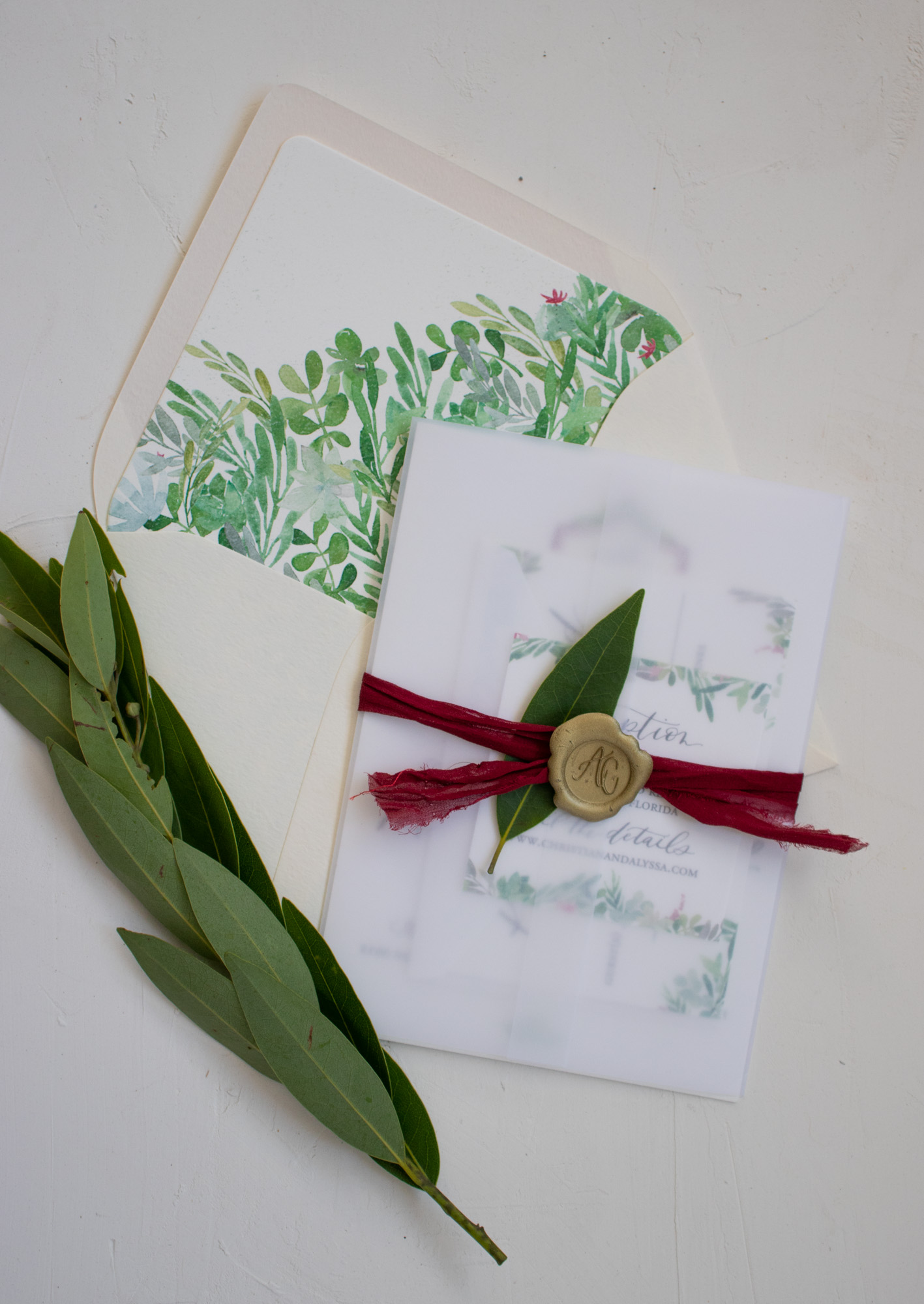 Watercolor Envelope Liner and Vellum Wrapped Invitation
