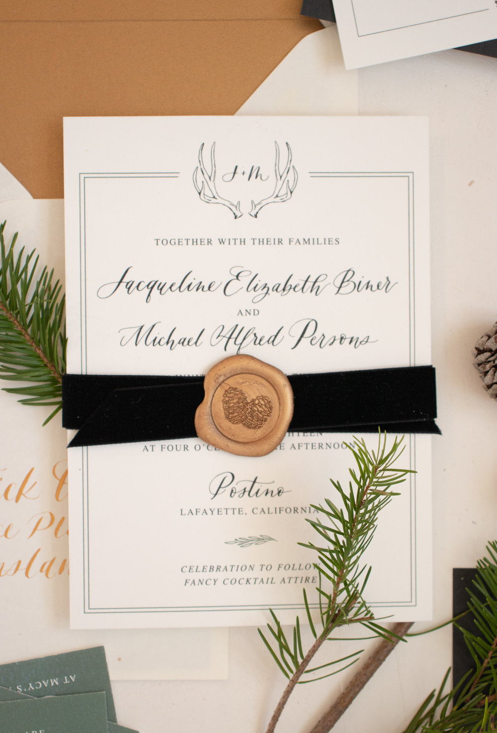 Winter Wedding Invitation with Antler Monogram